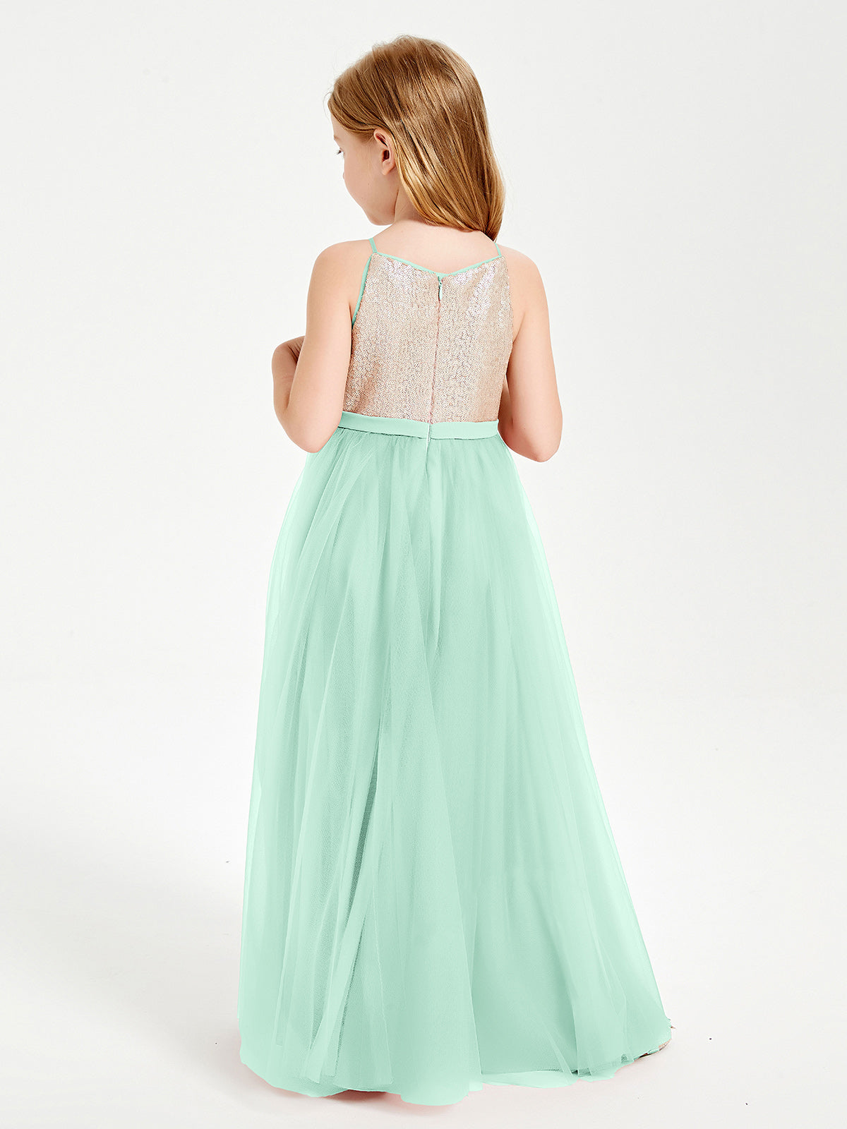Sequined Top Long Tulle Junior Bridesmaid Gown Mint Green